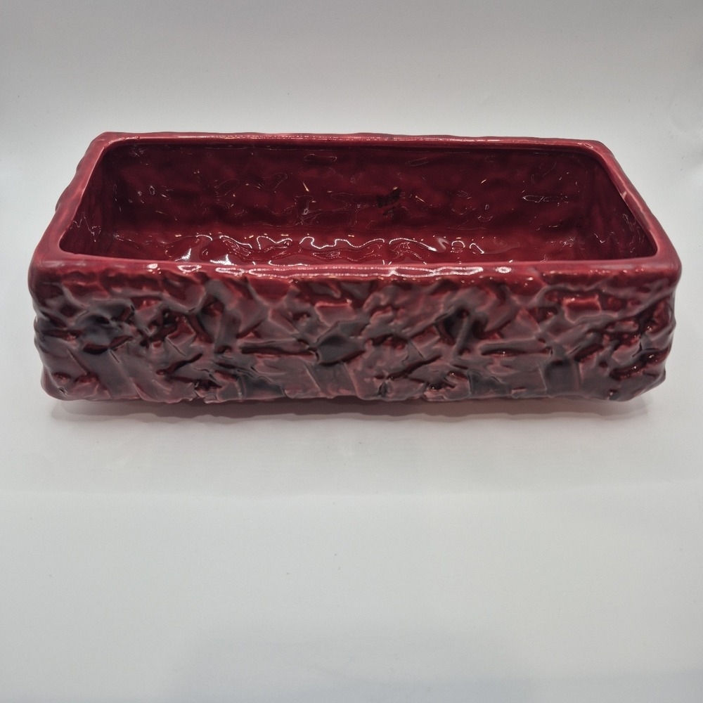 MCM Inarco Japan Textured Bark Rectangular Planter Crimson Red Glaze Vintage HTF